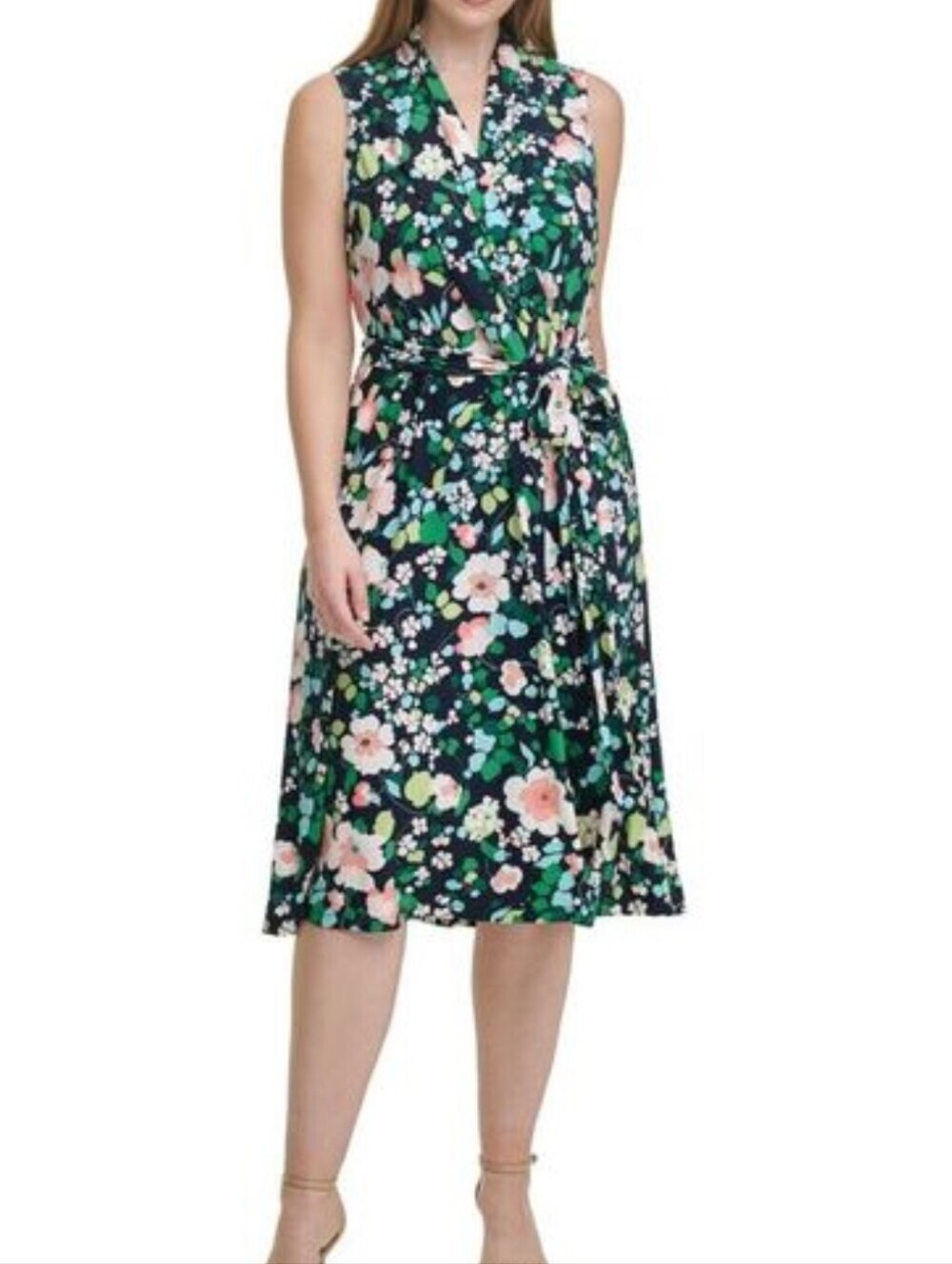 Tommy Hilfiger Blue Floral Aline Midi Dress Sleeveless Wrap Belt Summer Party
